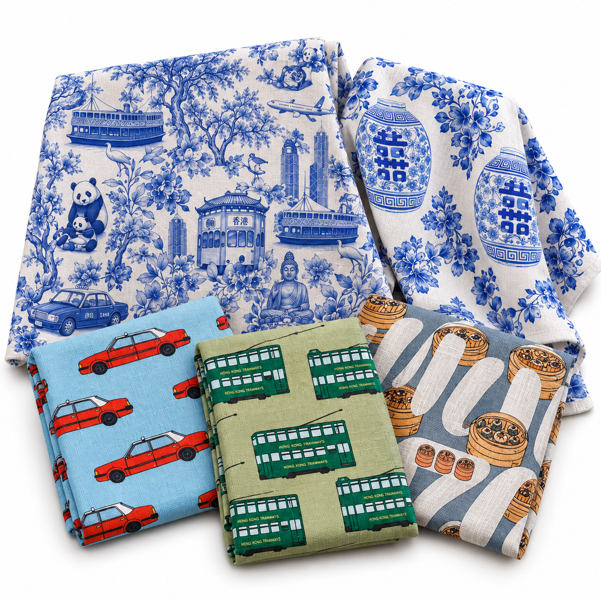 Thorn & Burrow Hong Kong tea towel collage with blue toile, red taxi, green tram and dim sum prints on white
