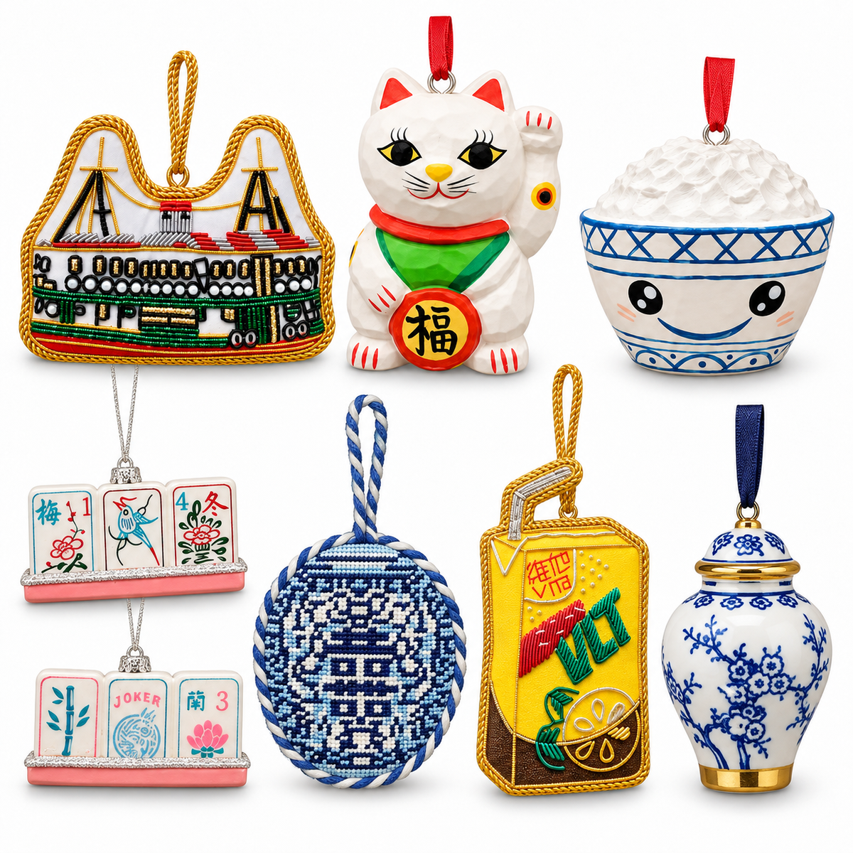 Hong Kong Christmas ornament collage with embroidered Star Ferry, Mahjong tile, ginger jar needlepoint, Vita Lemon Tea VLT and Chinese ceramic ornaments
