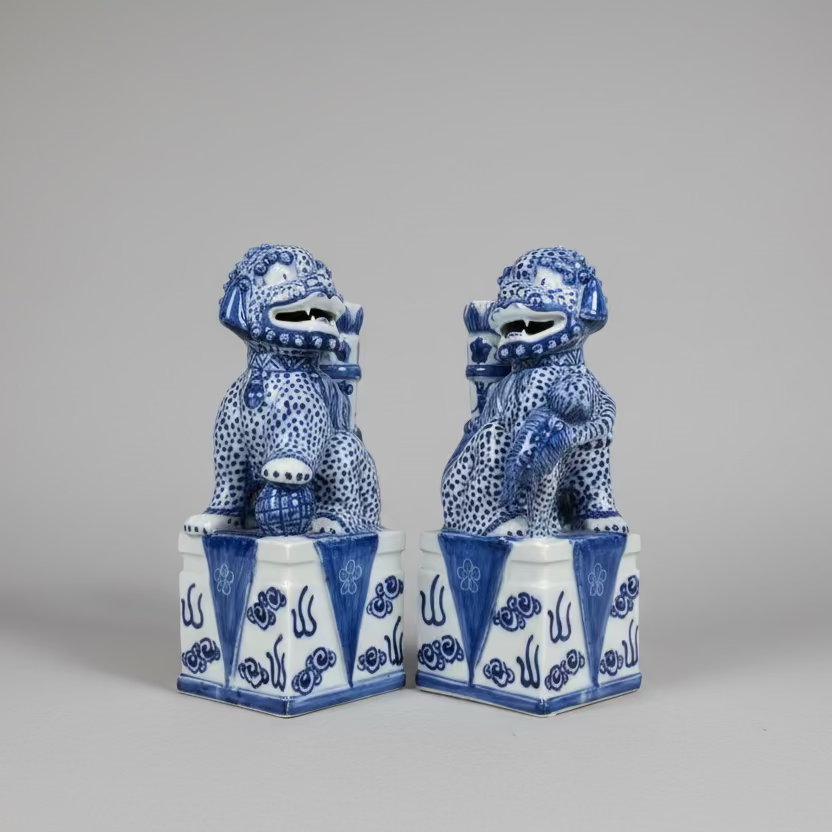 Blue & White Chinoiserie Ceramic Fu Dog Lion Set with Flower Holder