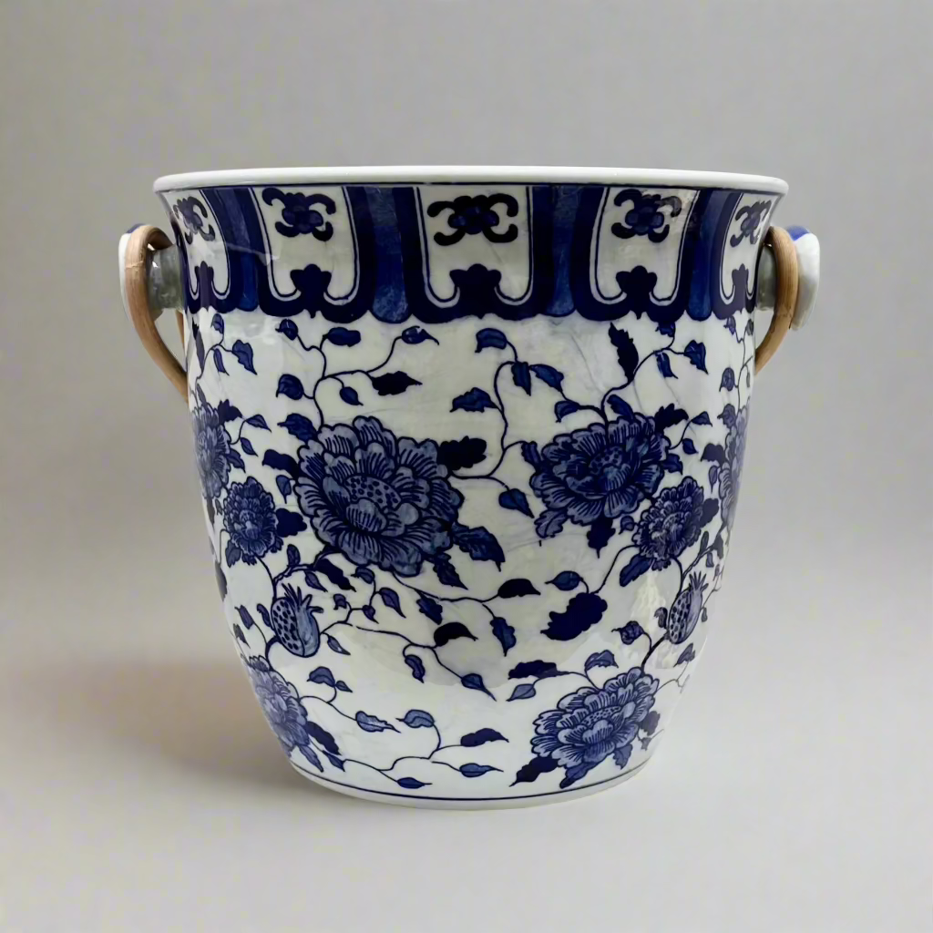 Chinoiserie Blue & White Planter With Bamboo Handle