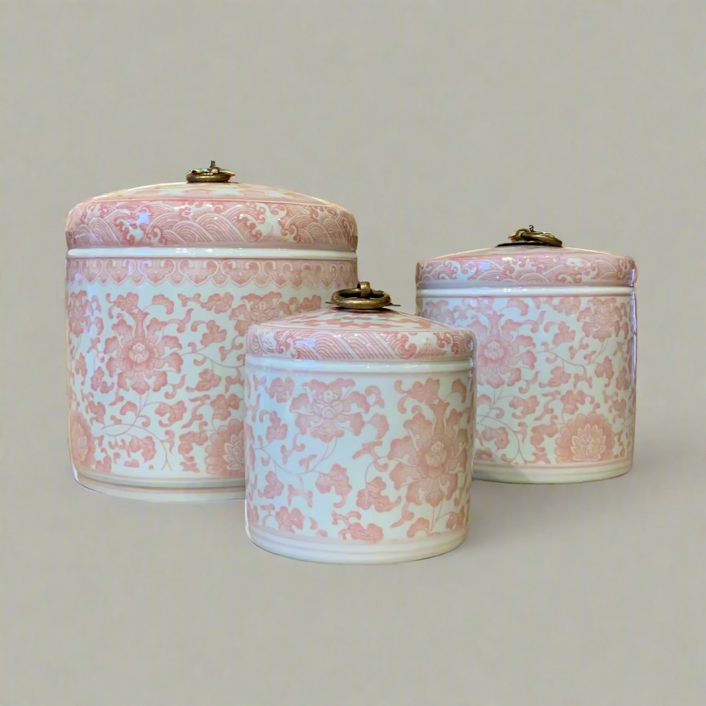 Pink & White Ceramic Storage Jar - Brass Ring Handle