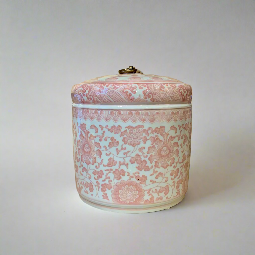 Pink & White Ceramic Storage Jar - Brass Ring Handle