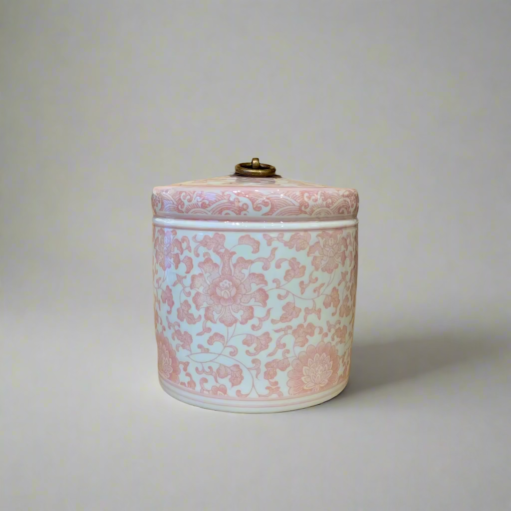 Pink & White Ceramic Storage Jar - Brass Ring Handle
