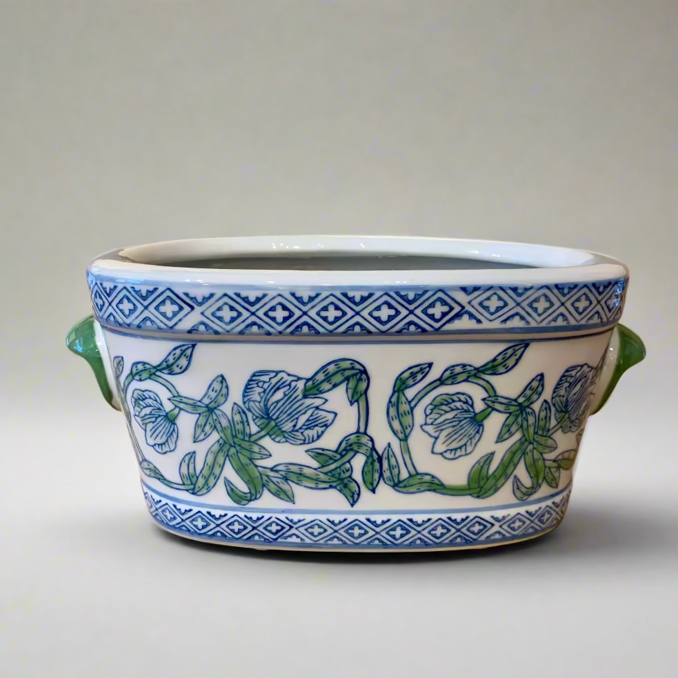 Floral Oval Ceramic Planter Pot with Handles