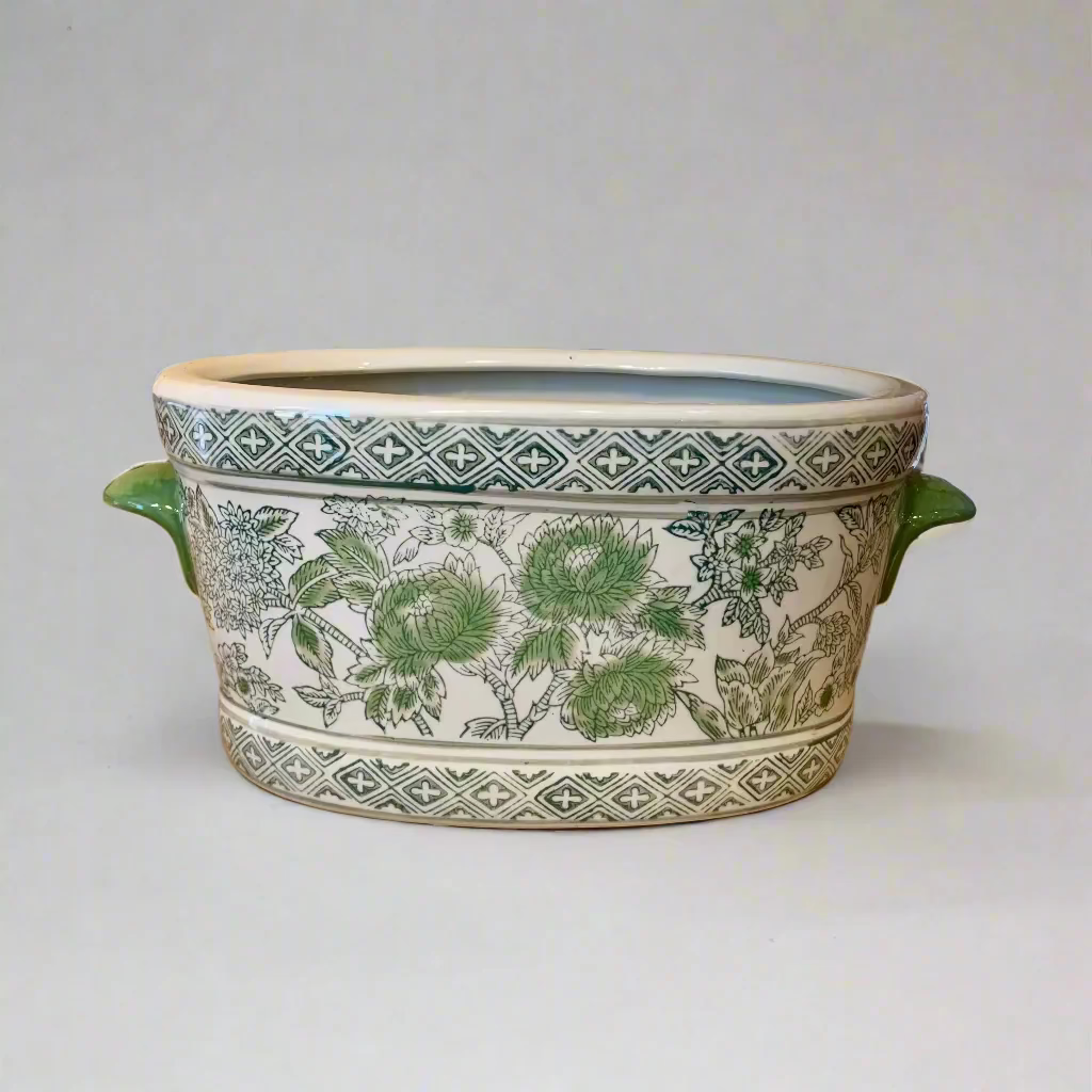 Floral Oval Ceramic Planter Pot with Handles - Thorn and Burrow
