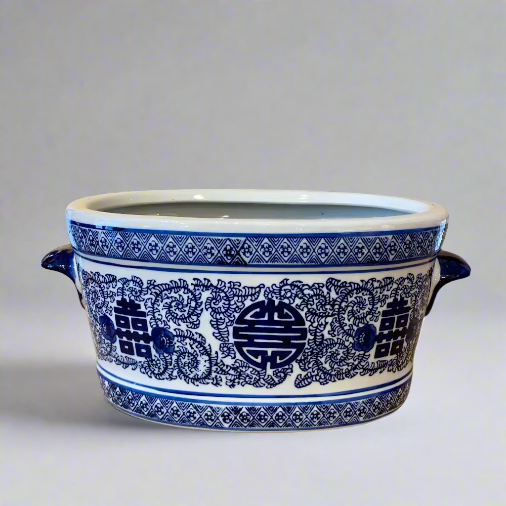 Blue & White Double Happiness Ceramic Planter Pot with Handles