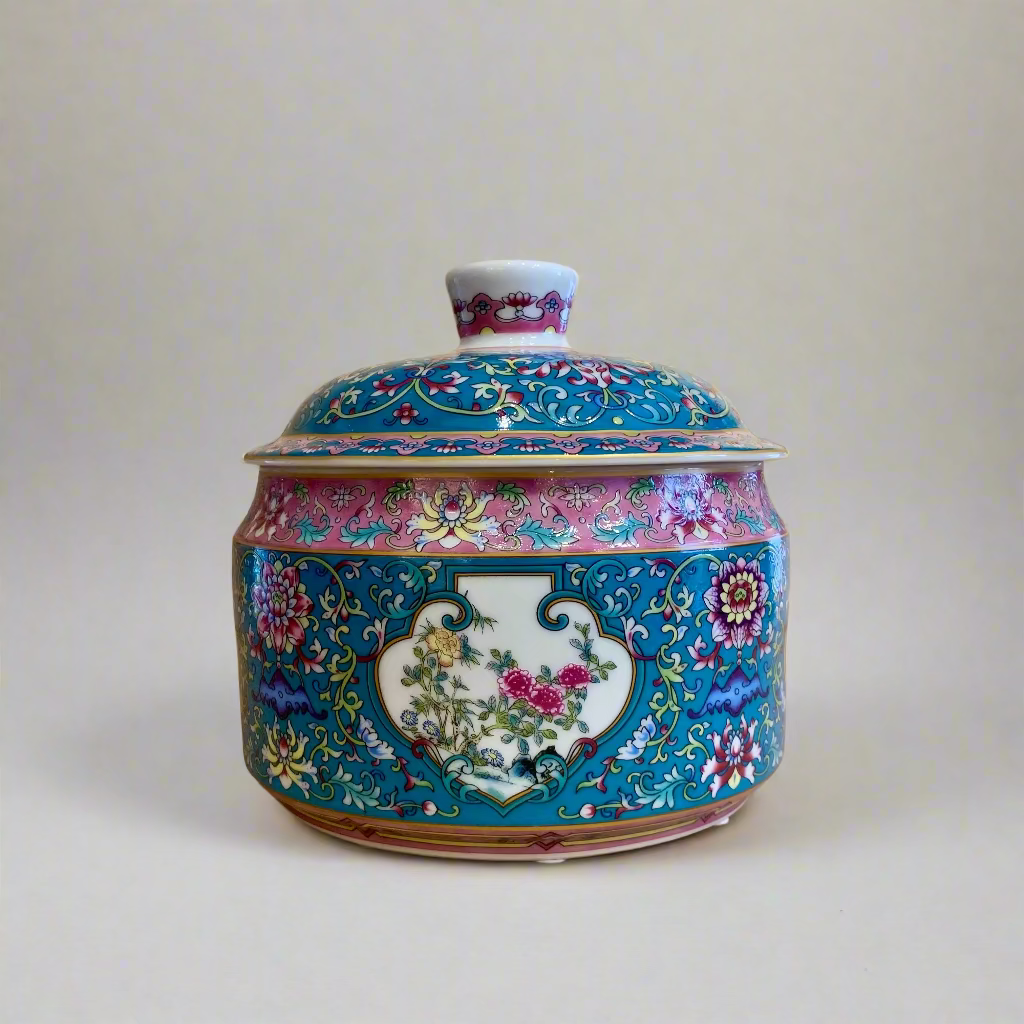 Royal Flora Pink & Teal Round Container with Lid