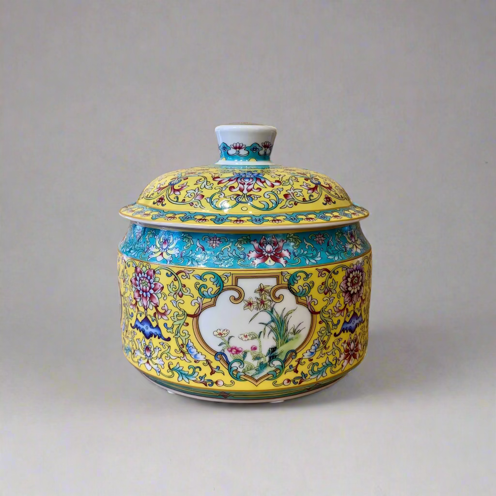 Royal Flora Teal & Yellow Round Container with Lid