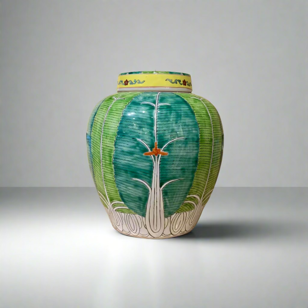 Chinese Hand-Painted Bok Choy Cabbage Leaf Ceramic Ginger Jar with Lid