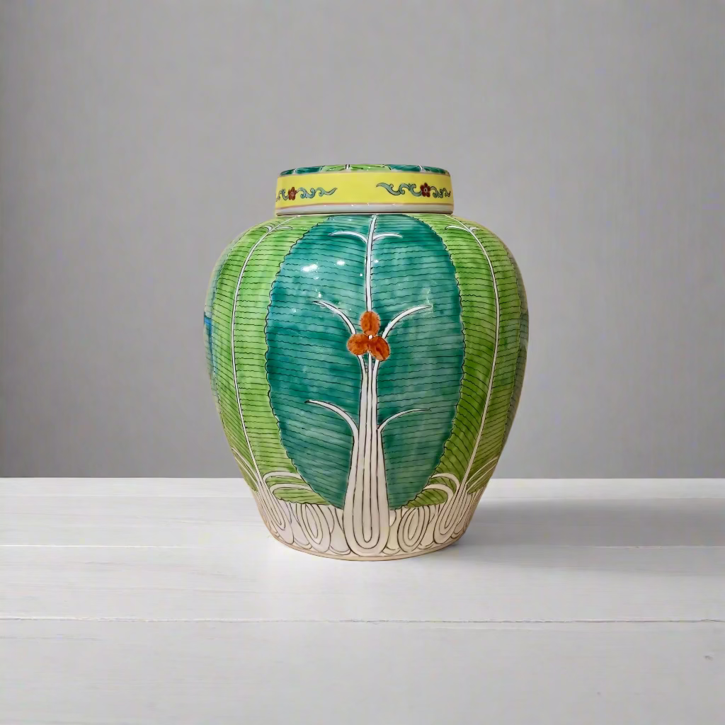Chinese Hand-Painted Bok Choy Cabbage Leaf Ceramic Ginger Jar with Lid