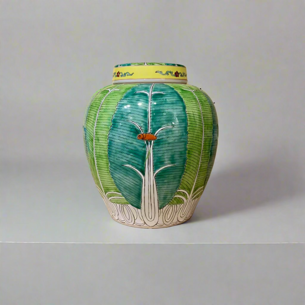Chinese Hand-Painted Bok Choy Cabbage Leaf Ceramic Ginger Jar with Lid