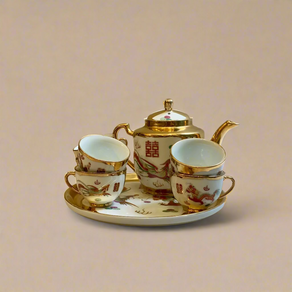 Gold Double Happiness Dragon & Phoenix Tea Set