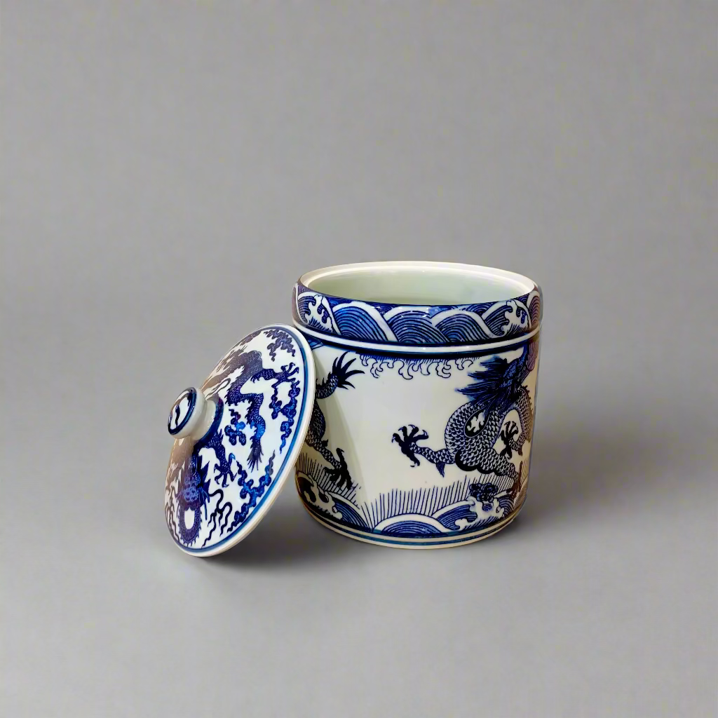 Blue & White Dragon Ceramic Storage Jar with Ceramic Handle