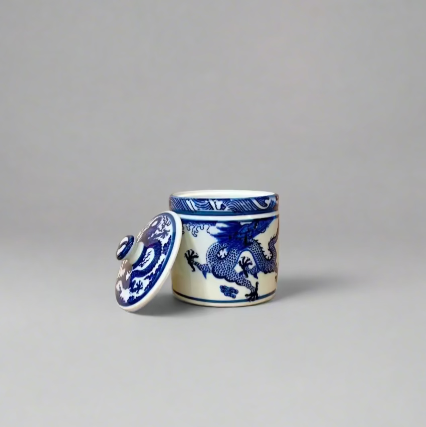 Blue & White Dragon Ceramic Storage Jar with Ceramic Handle