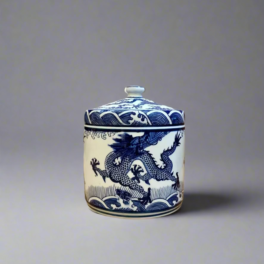 Blue & White Dragon Ceramic Storage Jar with Ceramic Handle
