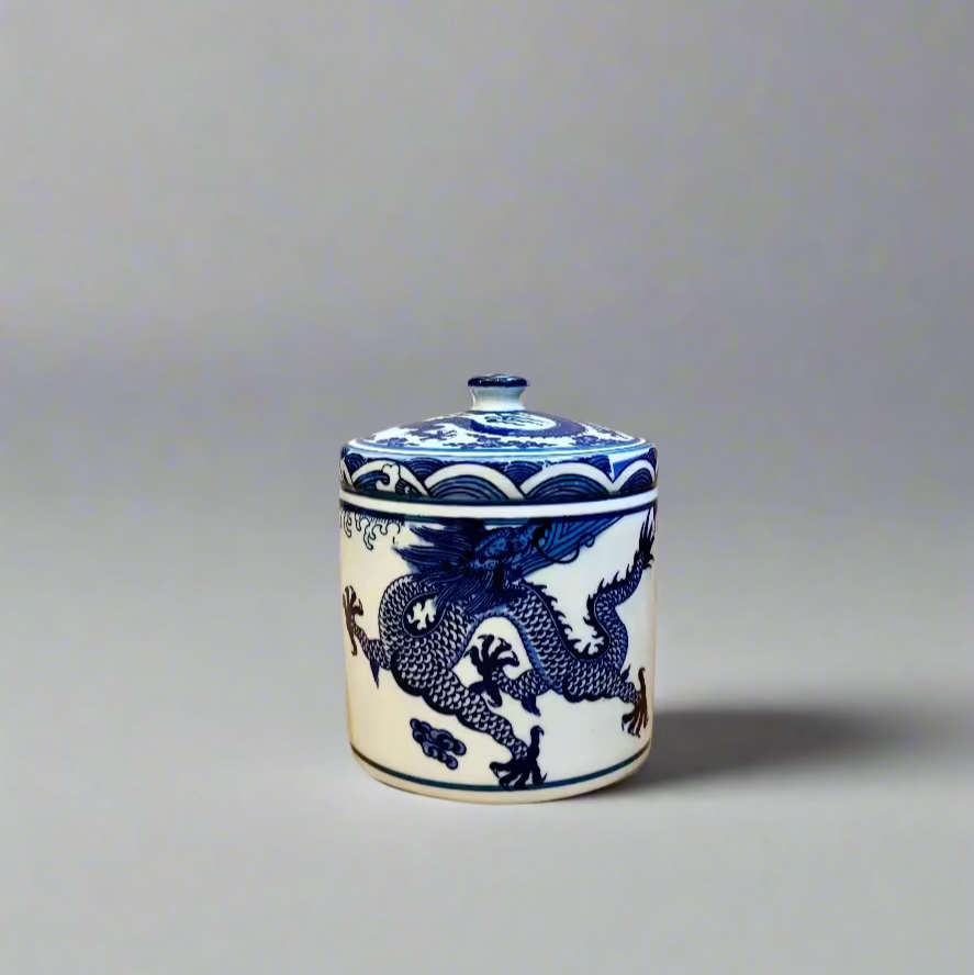Blue & White Dragon Ceramic Storage Jar with Ceramic Handle