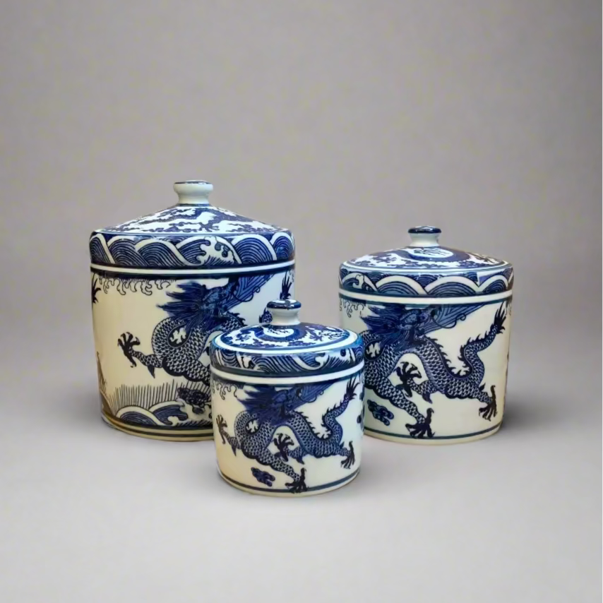 Blue & White Dragon Ceramic Storage Jar with Ceramic Handle