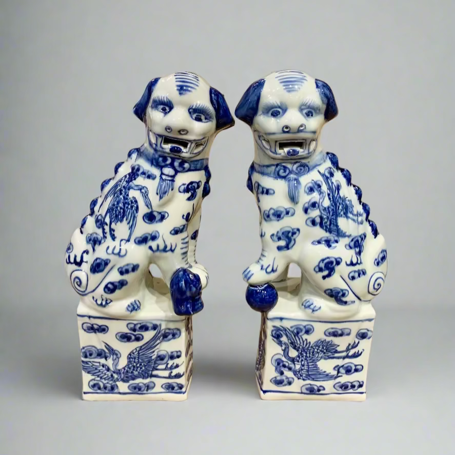 Blue & White Phoenix Chinoiserie Ceramic Fu Dog Lion Set