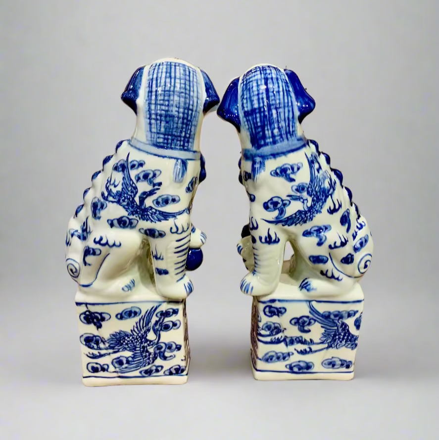 Blue & White Phoenix Chinoiserie Ceramic Fu Dog Lion Set
