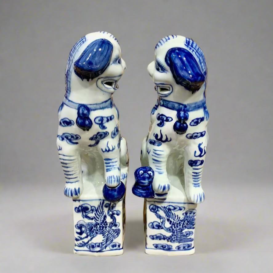 Blue & White Phoenix Chinoiserie Ceramic Fu Dog Lion Set