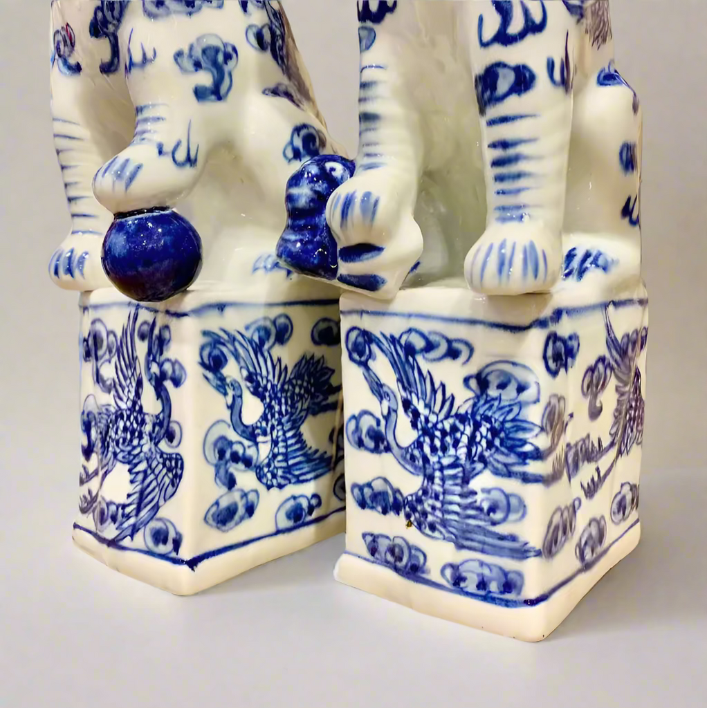 Blue & White Phoenix Chinoiserie Ceramic Fu Dog Lion Set