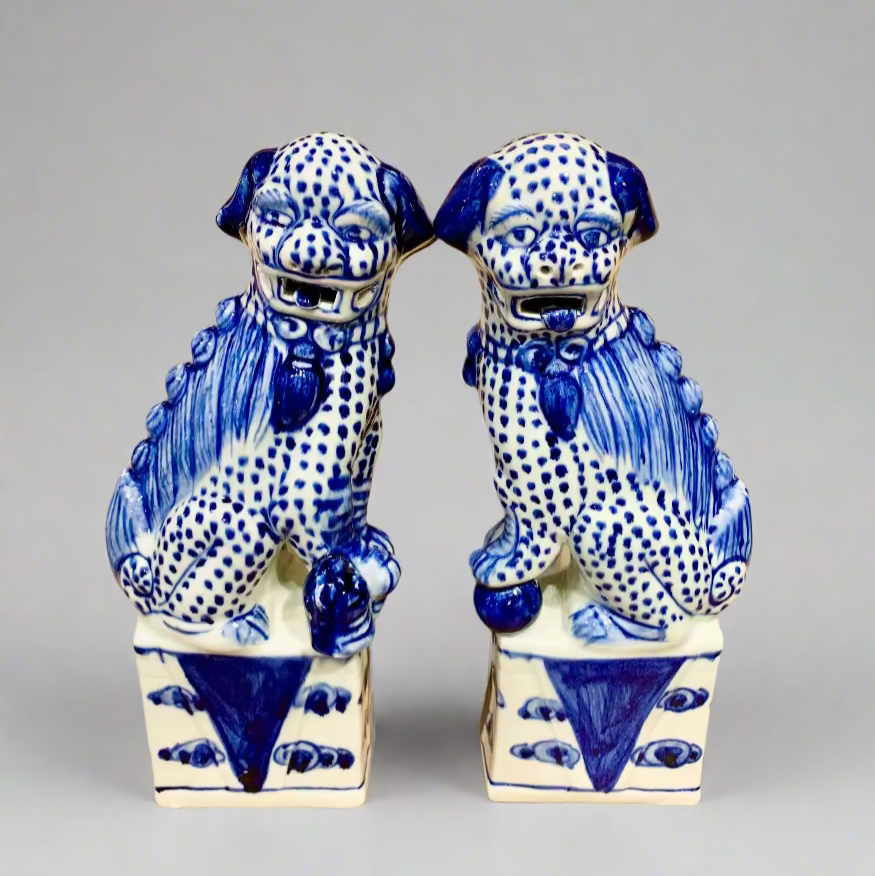 Blue & White Spotted Chinoiserie Ceramic Fu Dog Lion Set