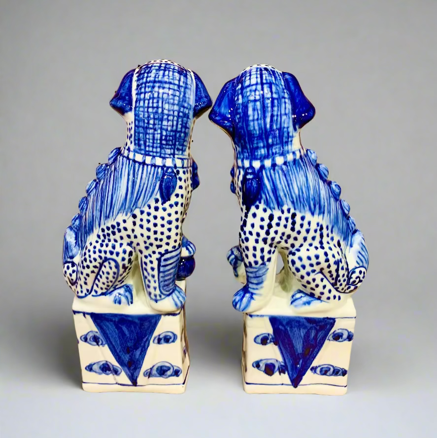 Blue & White Spotted Chinoiserie Ceramic Fu Dog Lion Set