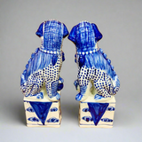 Blue & White Spotted Chinoiserie Ceramic Fu Dog Lion Set