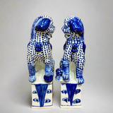 Blue & White Spotted Chinoiserie Ceramic Fu Dog Lion Set