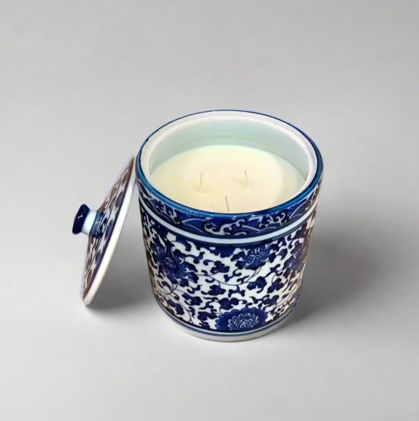 Blue & White Ceramic Storage Jar with Ceramic Handle and Candle