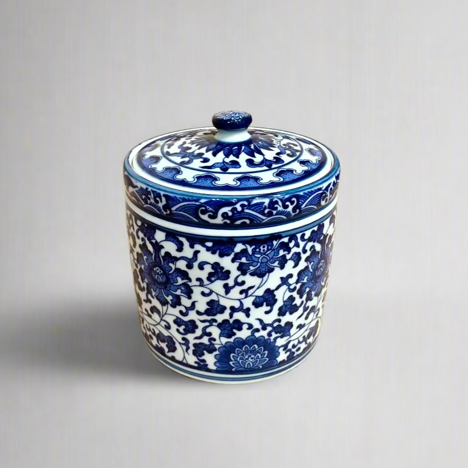Blue & White Ceramic Storage Jar with Ceramic Handle and Candle