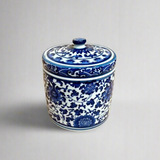 Blue & White Ceramic Storage Jar with Ceramic Handle and Candle
