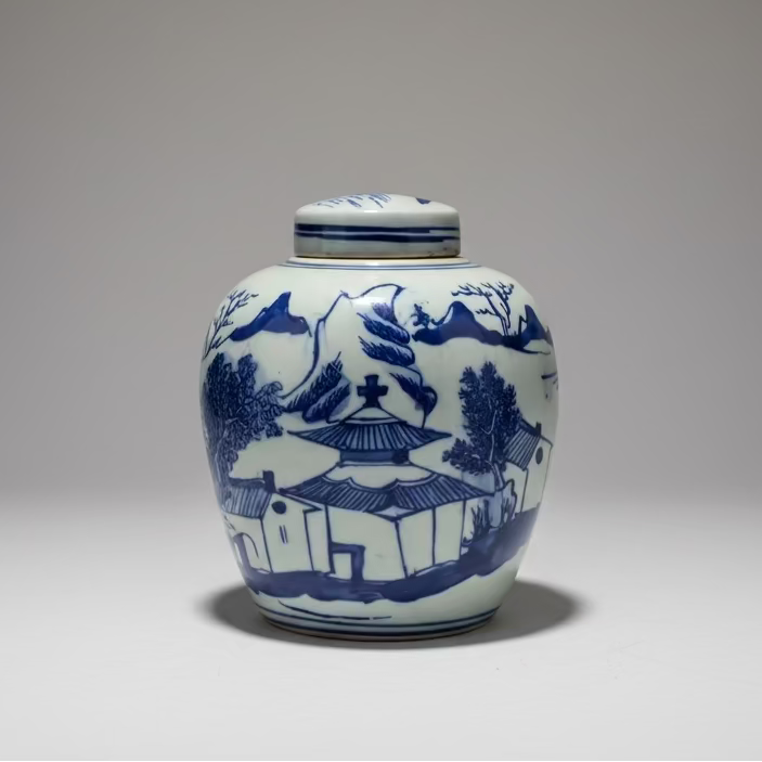 Blue & White Ceramic Round Ginger Jar
