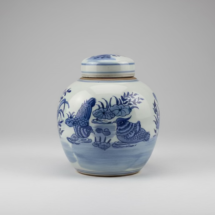 Blue & White Ceramic Round Ginger Jar