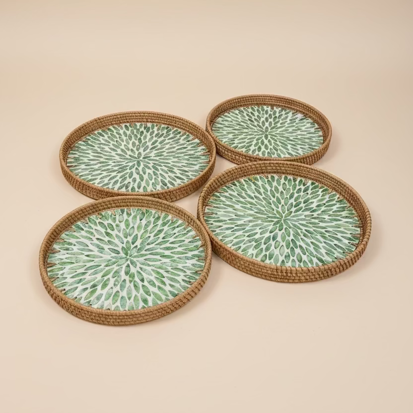 Round Woven Rattan and Capiz Shell Serving Tray - Thorn and Burrow