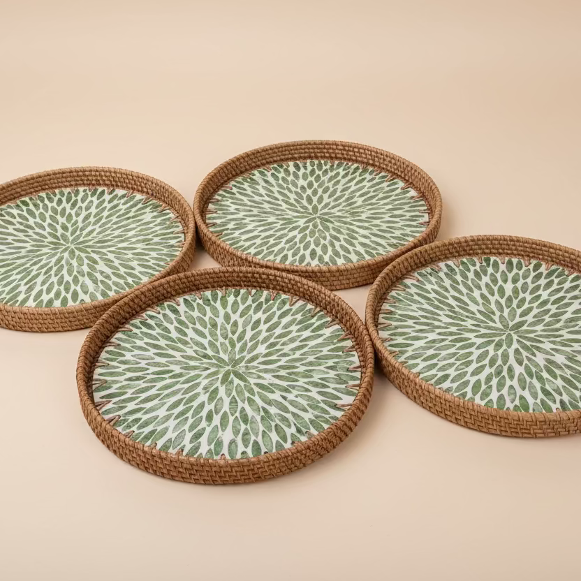 Round Woven Rattan and Capiz Shell Serving Tray - Thorn and Burrow
