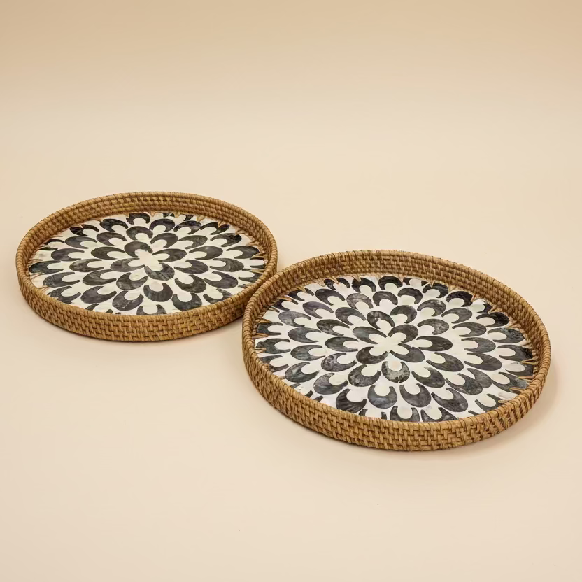 Round Woven Rattan and Capiz Shell Serving Tray - Thorn and Burrow
