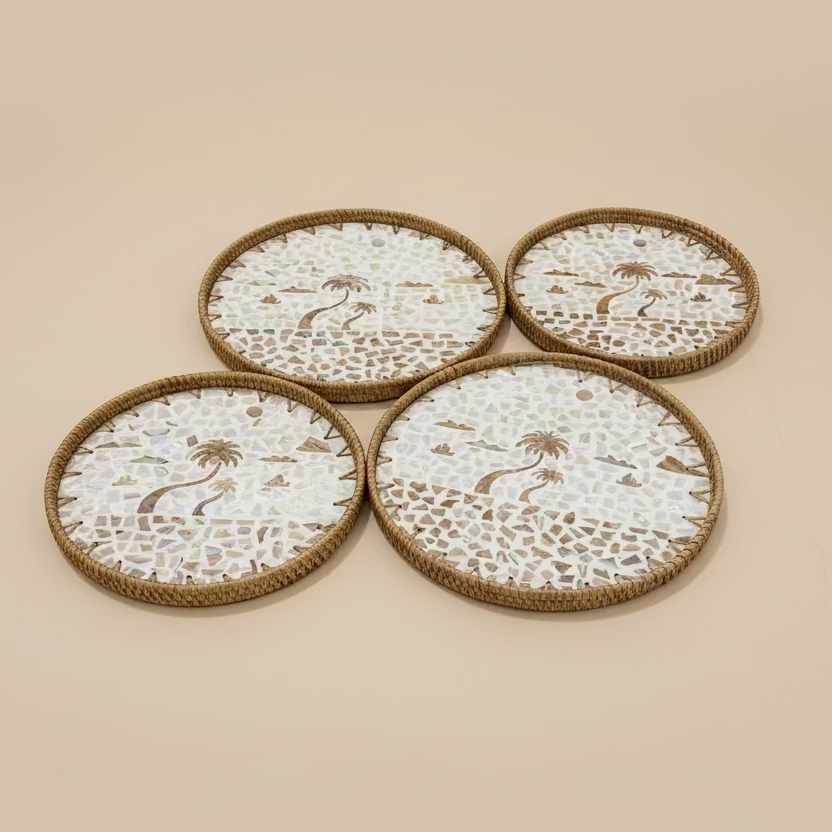 Round Woven Rattan and Capiz Shell Serving Tray - Thorn and Burrow