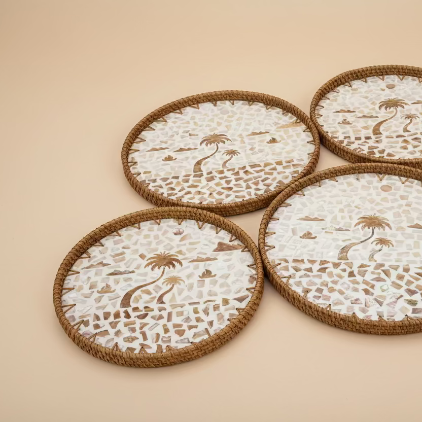 Round Woven Rattan and Capiz Shell Serving Tray - Thorn and Burrow