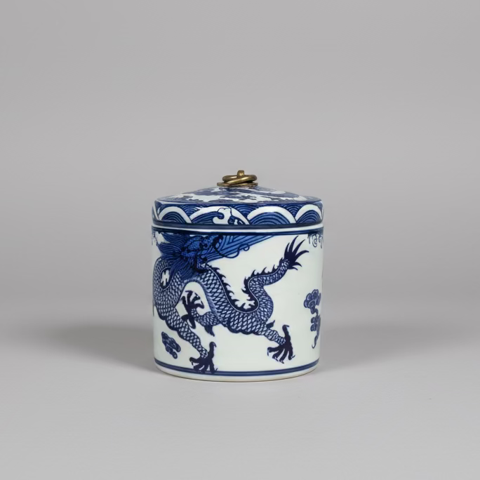 Blue & White Dragon Ceramic Storage Jar with Brass Handle - Thorn and Burrow