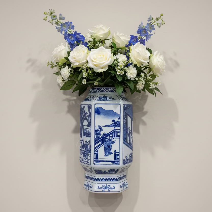 Blue & White Chinoiserie Wall Vase - Thorn and Burrow