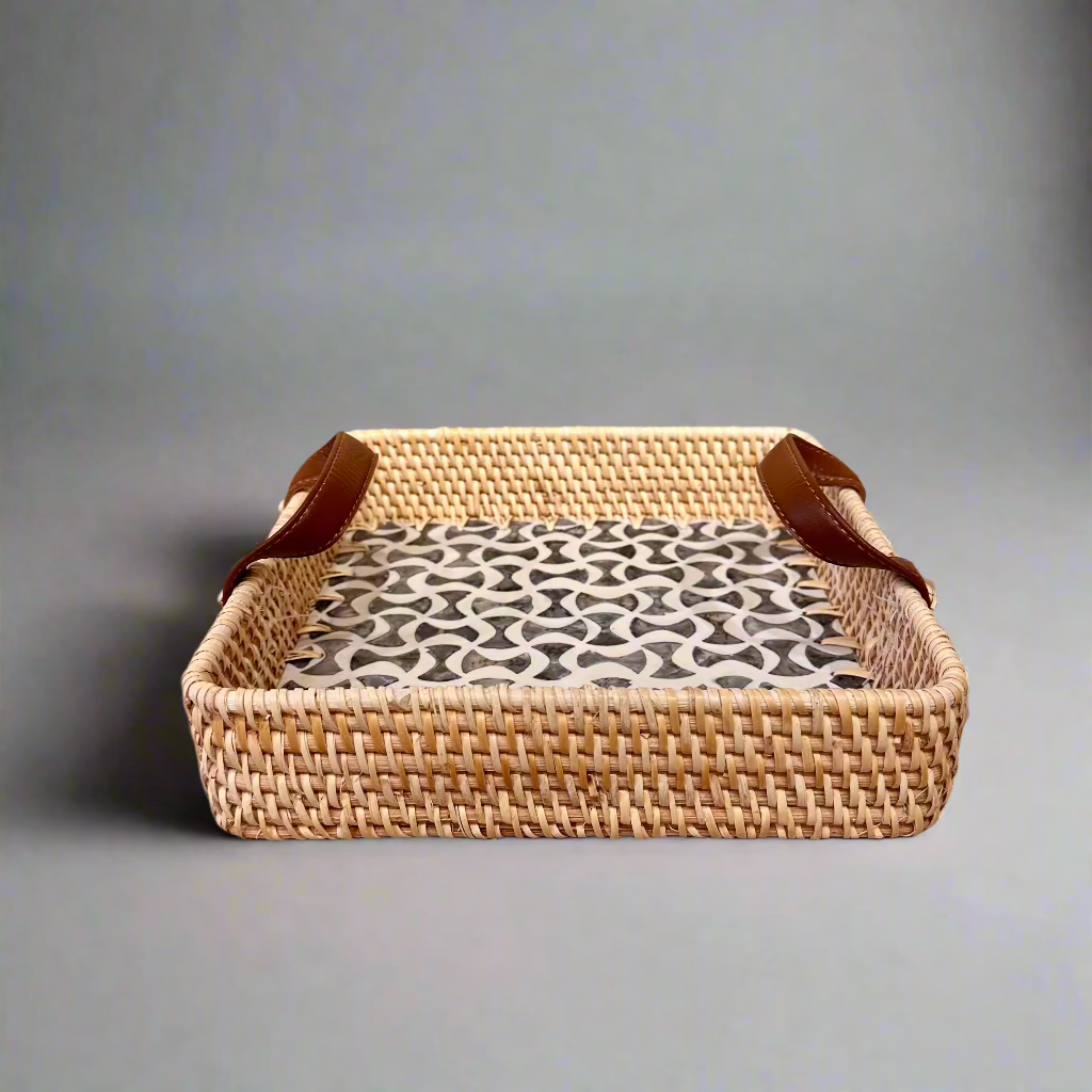 Woven Rattan and Capiz Shell Tray