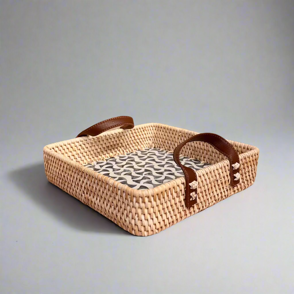 Woven Rattan and Capiz Shell Tray