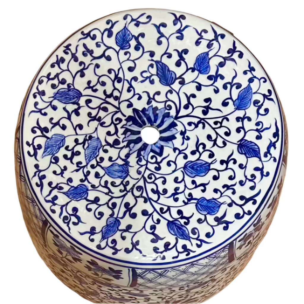 Chinoiserie Blue Tile Floral Ceramic Stool
