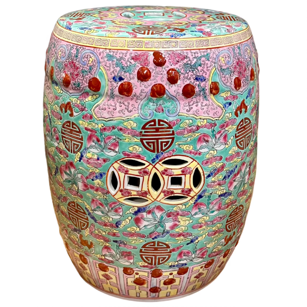 Chinoiserie Pink & Turquoise Coin Ceramic Stool