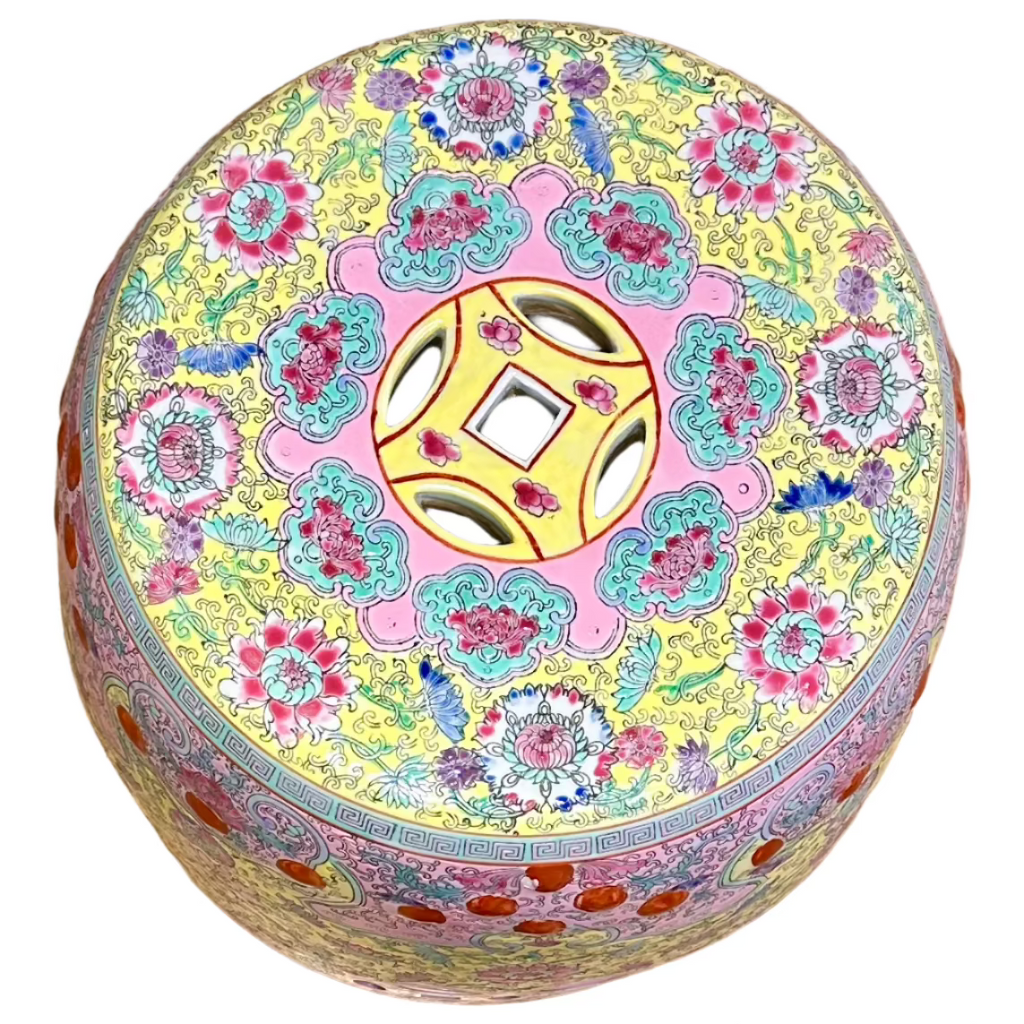 Chinoiserie Pink & Yellow Coin Ceramic Stool