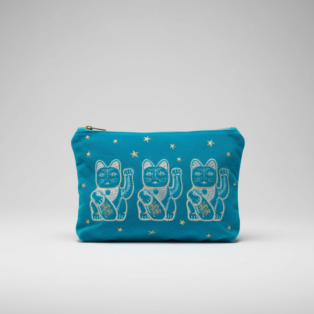 Velvet Lucky Cat Purse (Turquoise)