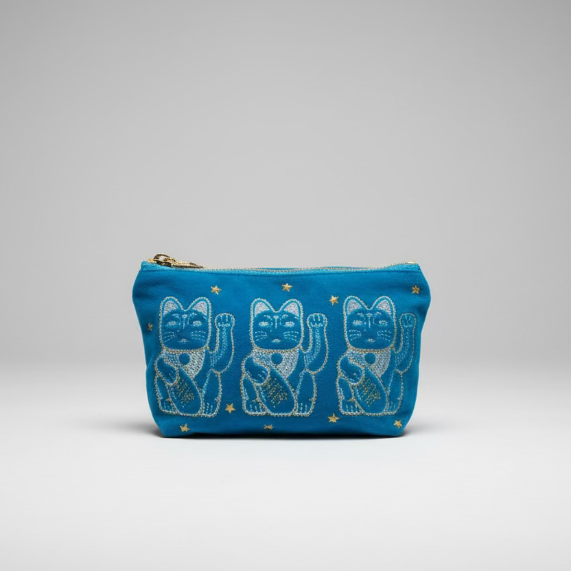 Velvet Lucky Cat Purse (Turquoise)