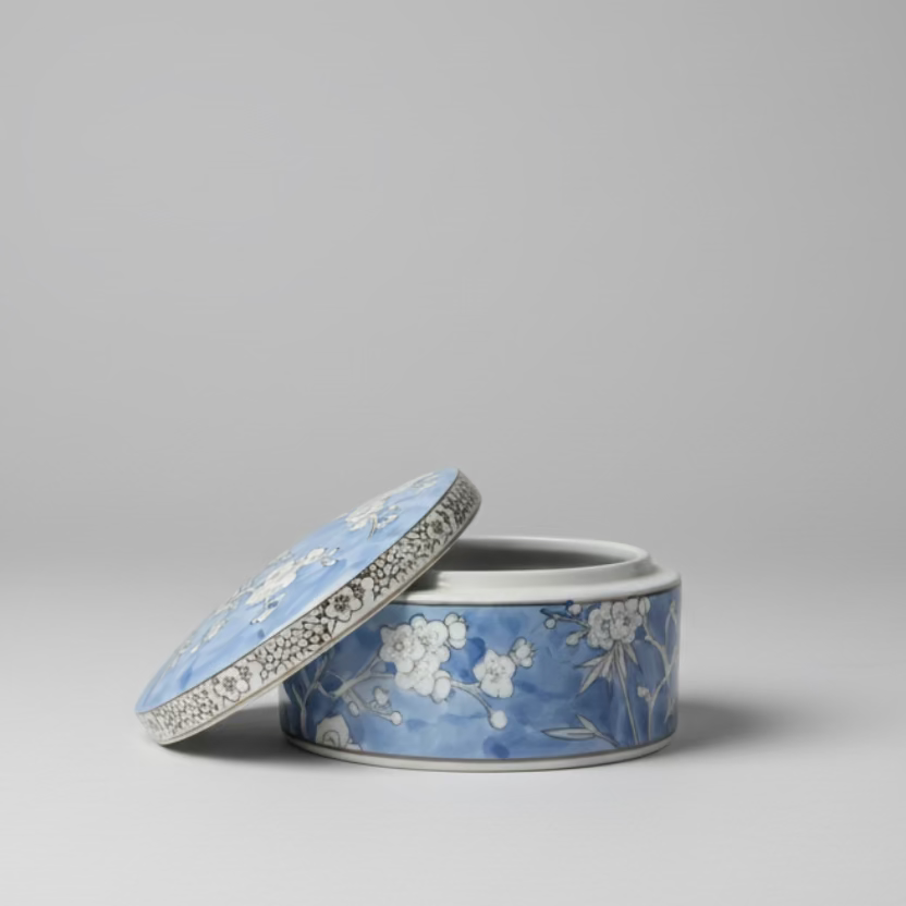 Hand-Painted Blue & White Floral Ceramic Round Canister with Lid