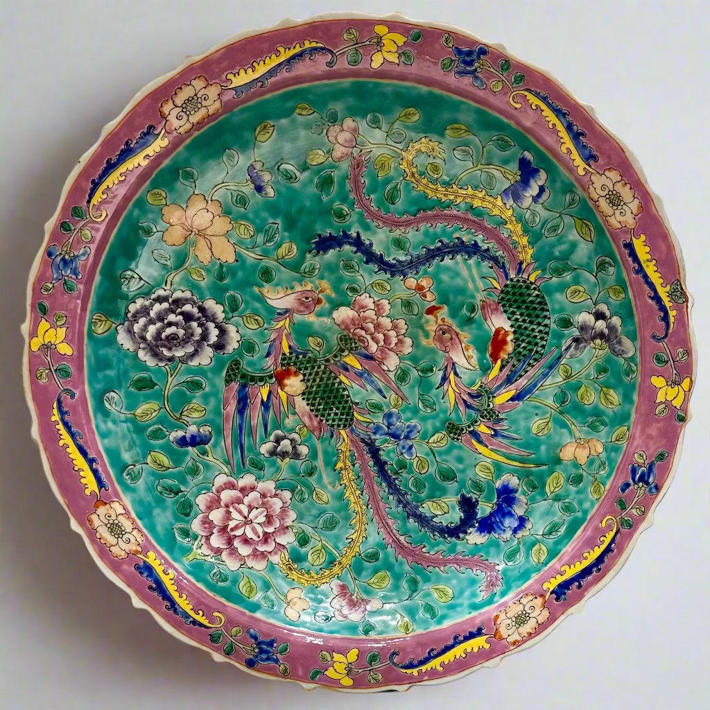 Turquoise and Pink Phoenix Hand-Painted Peranakan Oversized Decorative Plate
